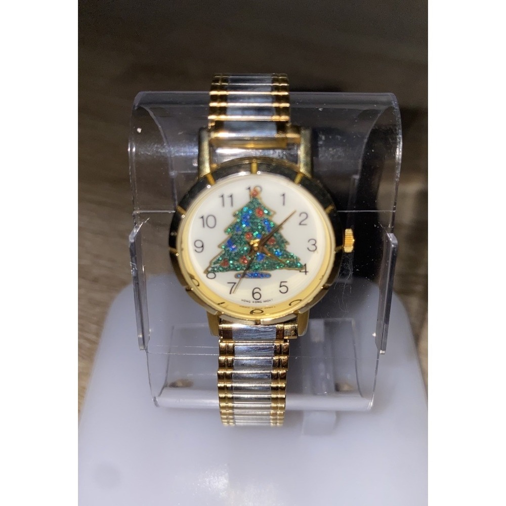 Vintage Hong Kong Movt Christmas Tree Stretch Band Women's Watch Gold & Silver